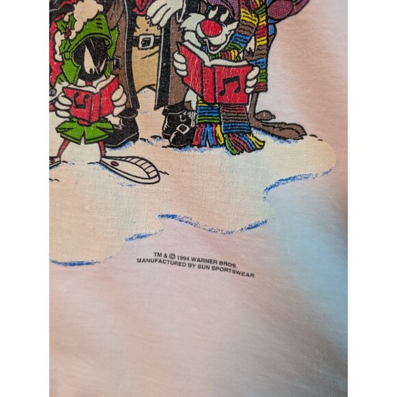 Vintage 90s Looney Tunes Christmas Tree T-Shirt Large Bug Bunny Taz Marvin White - Picture 3 of 7